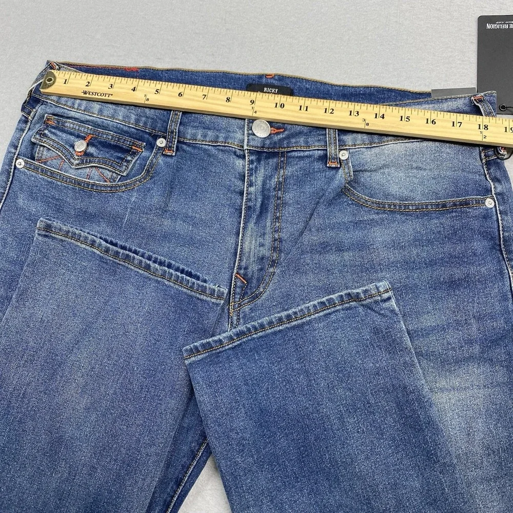 True Religion Jeans Mens 36x34 Blue Denim Pants Ricky Relaxed Straight Flap